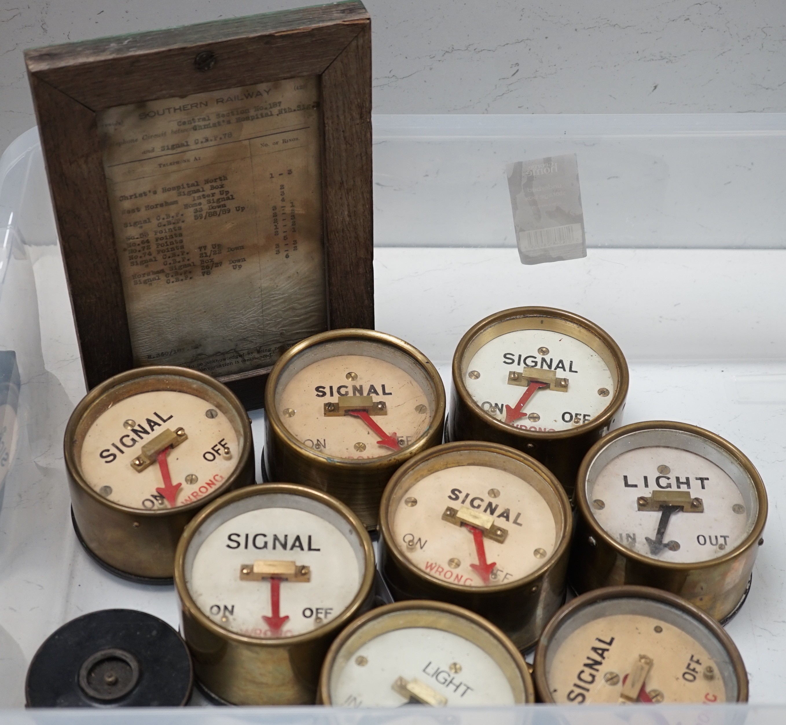 Eight Sykes type brass cased signal box repeaters